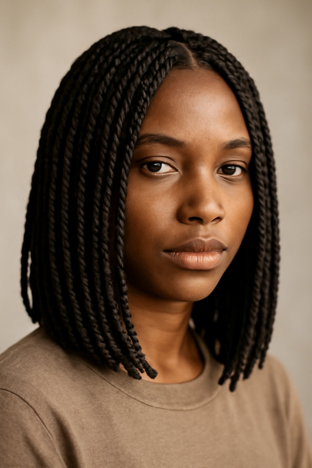 Close-up portrait of shoulder-length box braids framing the face