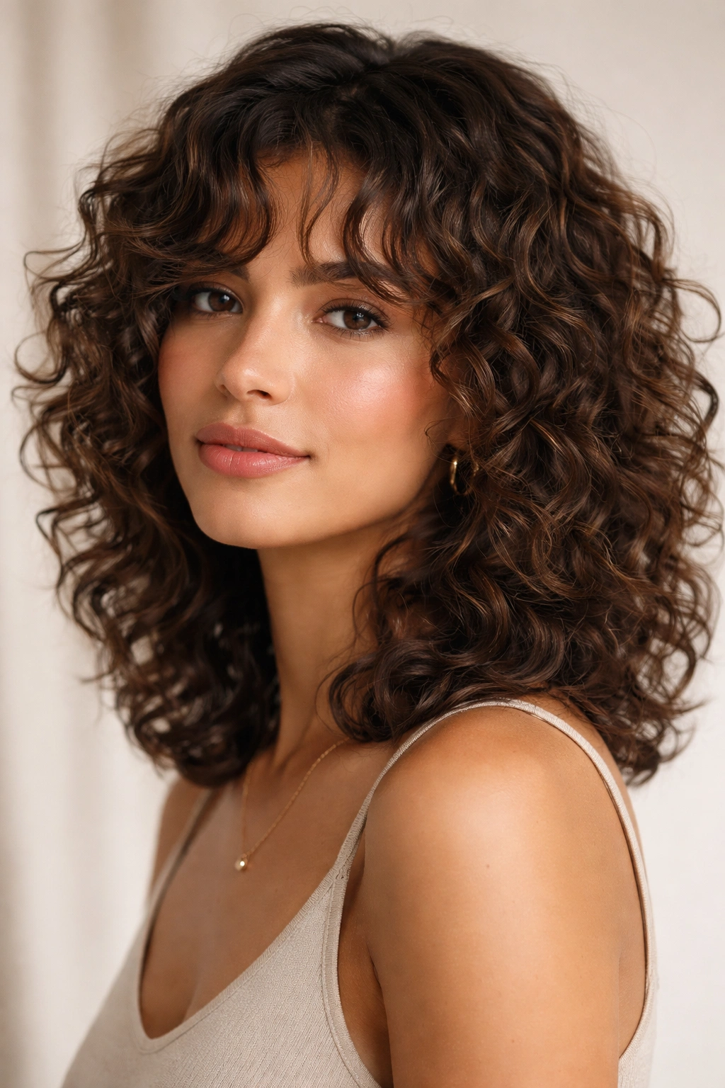 Shoulder-length curls with feathered layers framing the face