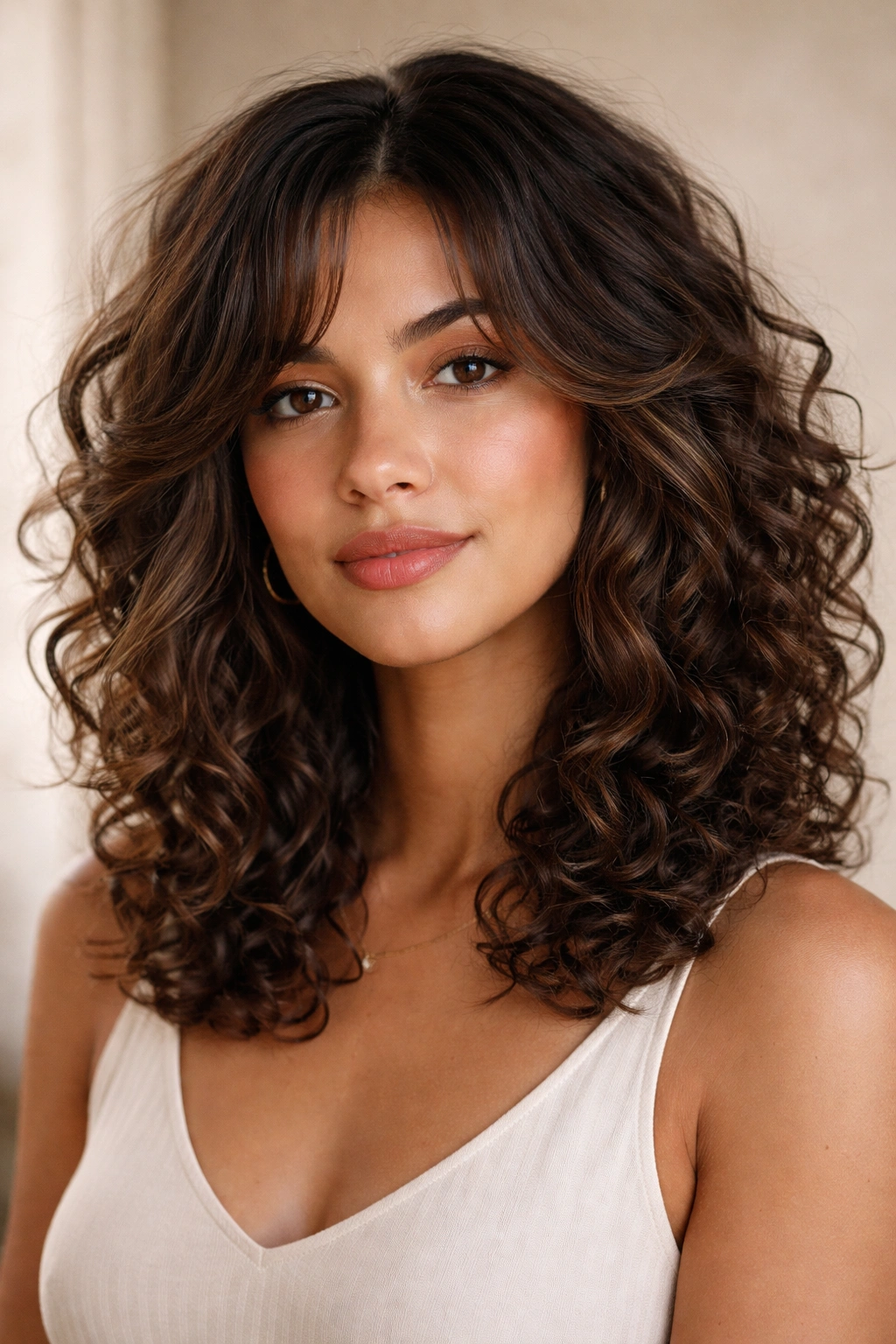 Close-up portrait of shoulder-length layered curls with face-framing mixed textures