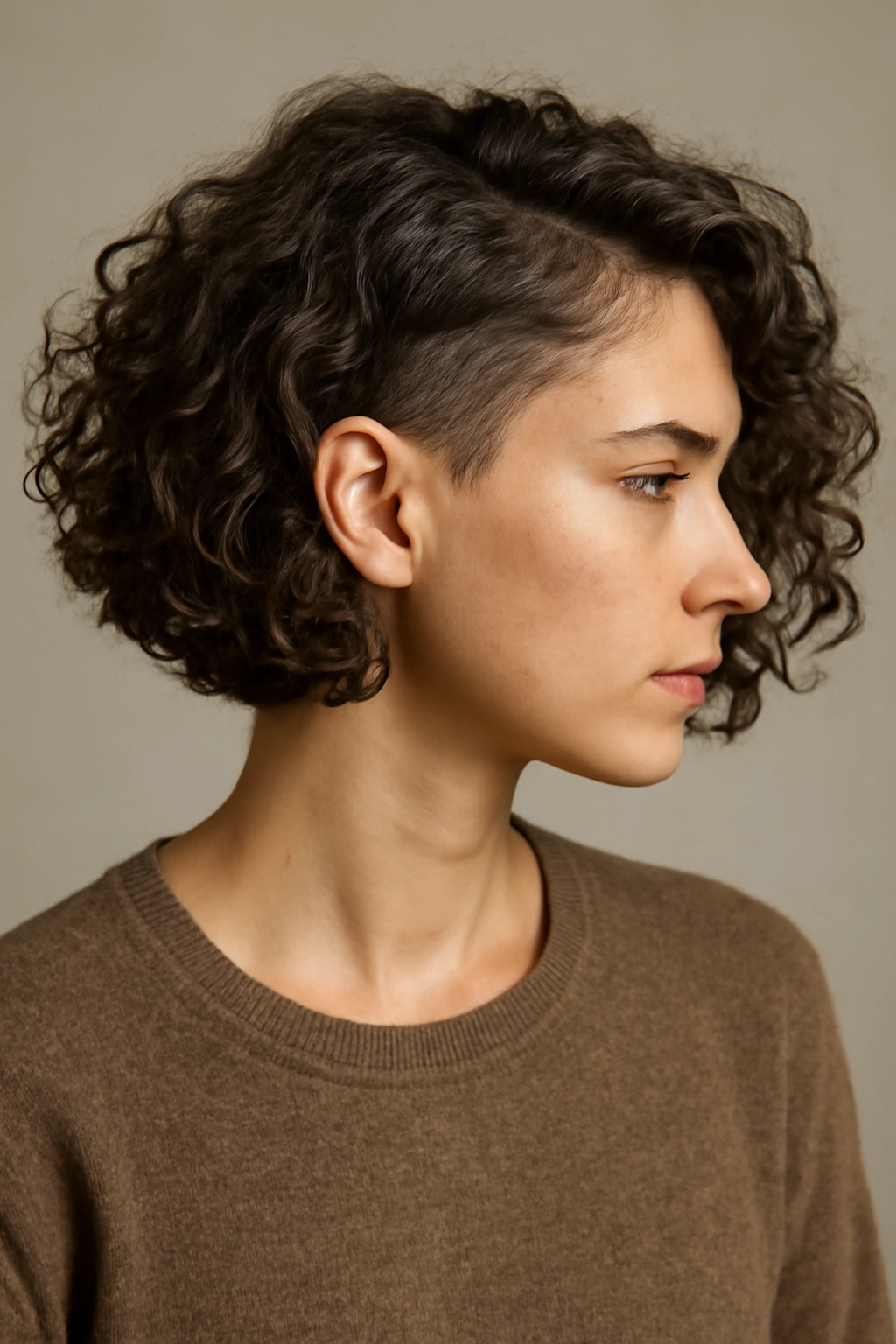 Shoulder-Length Curly Bob With Undercutting: outer silhouette with hidden undercut in studio