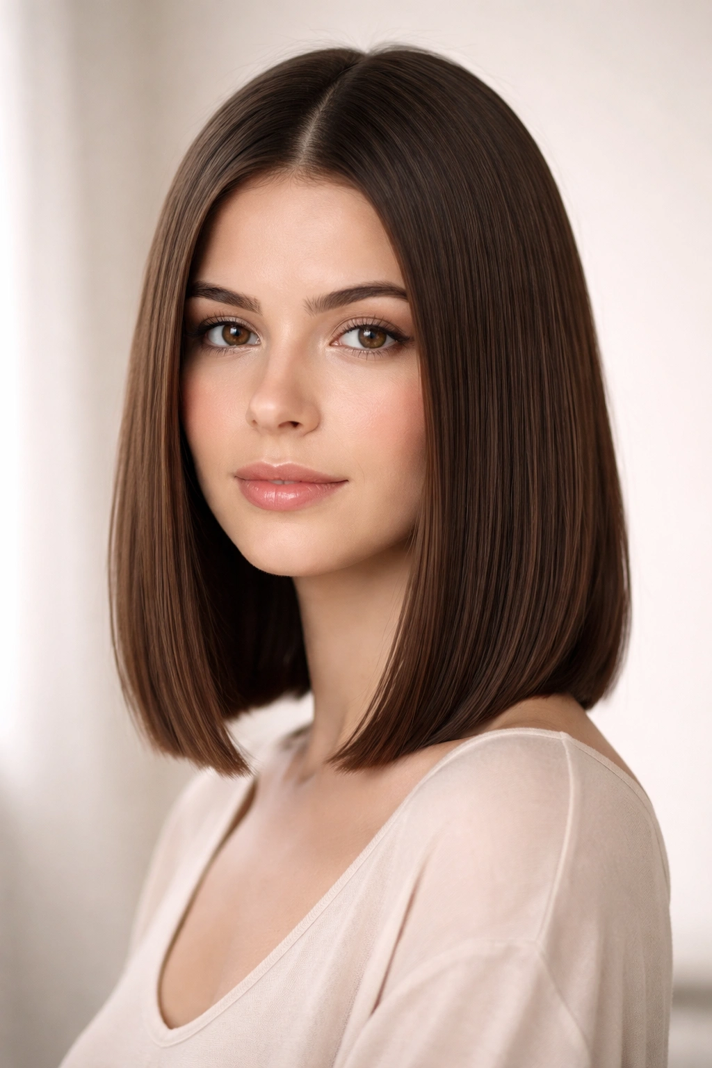 Shoulder-length blunt straight cut showcased in a clean studio portrait