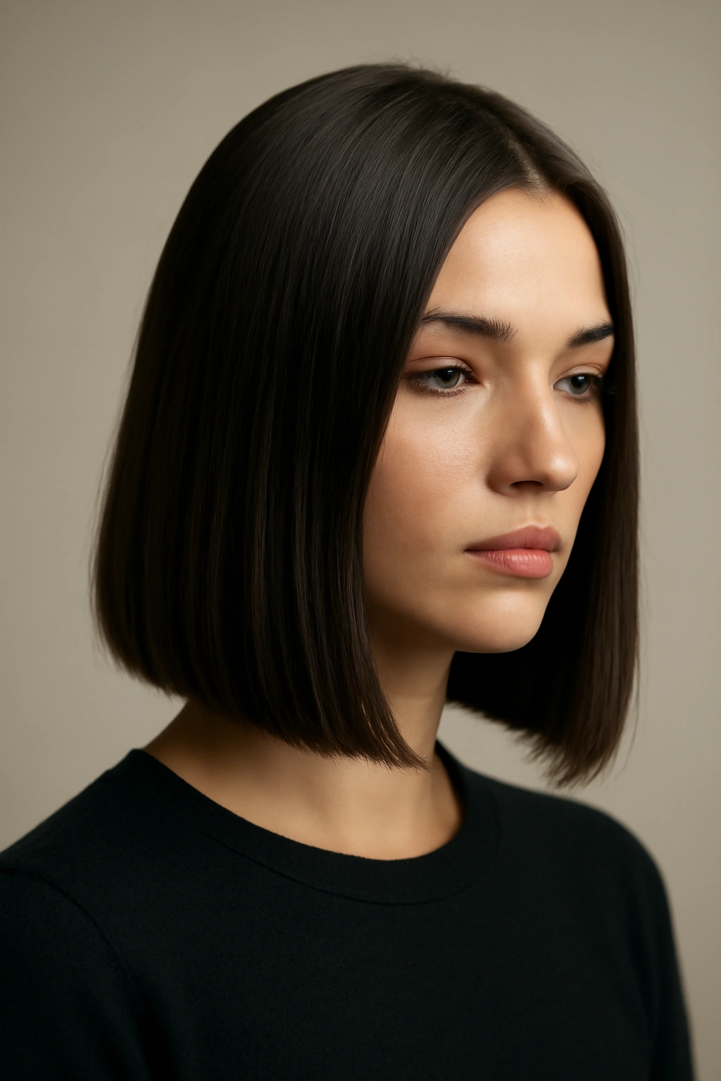 Close-up portrait of shoulder-length straight hair with a blunt, glossy cut in studio lighting