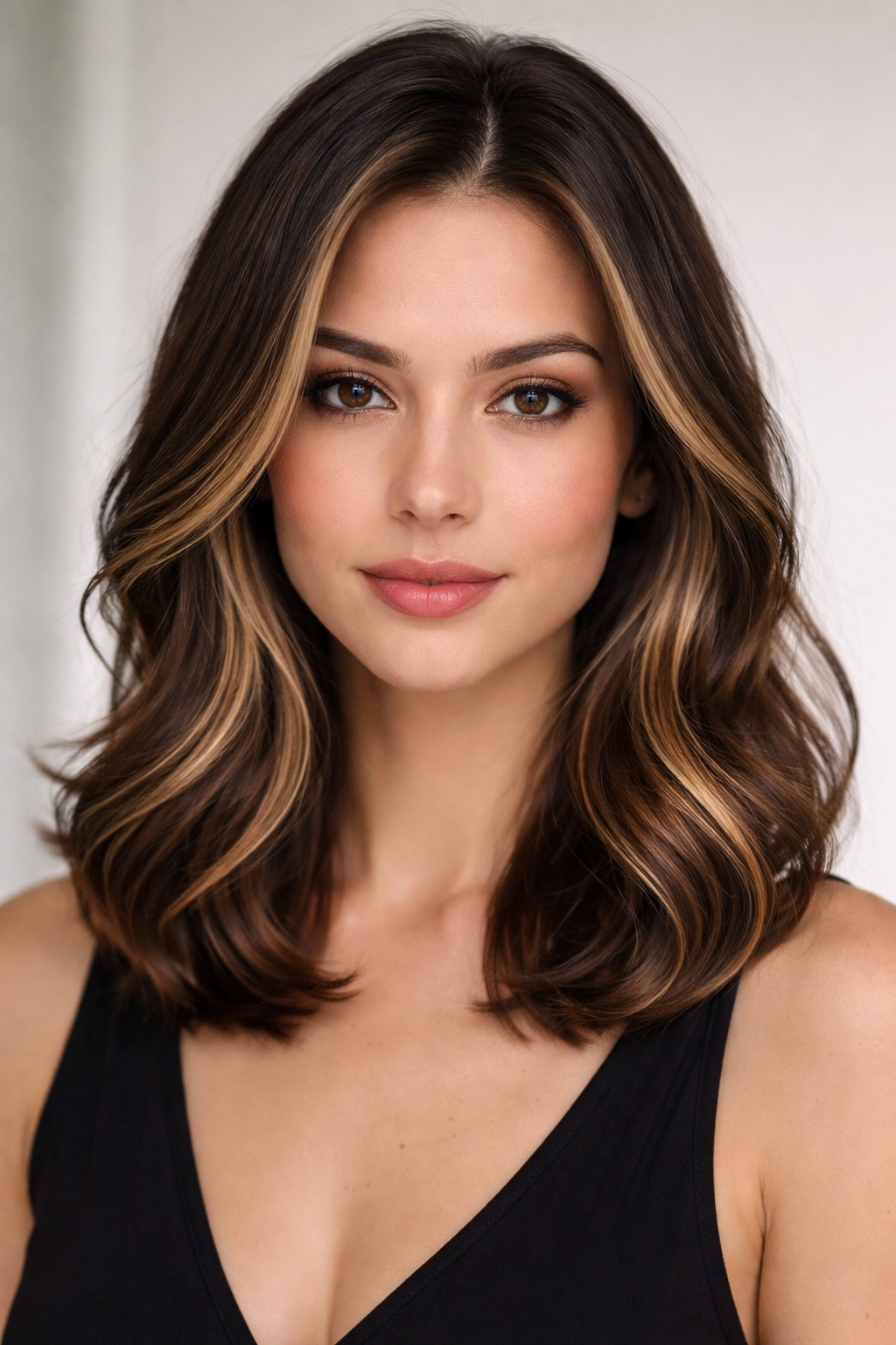 Close-up portrait showing shoulder-length hair with jawline-focused highlights on a diamond-face.