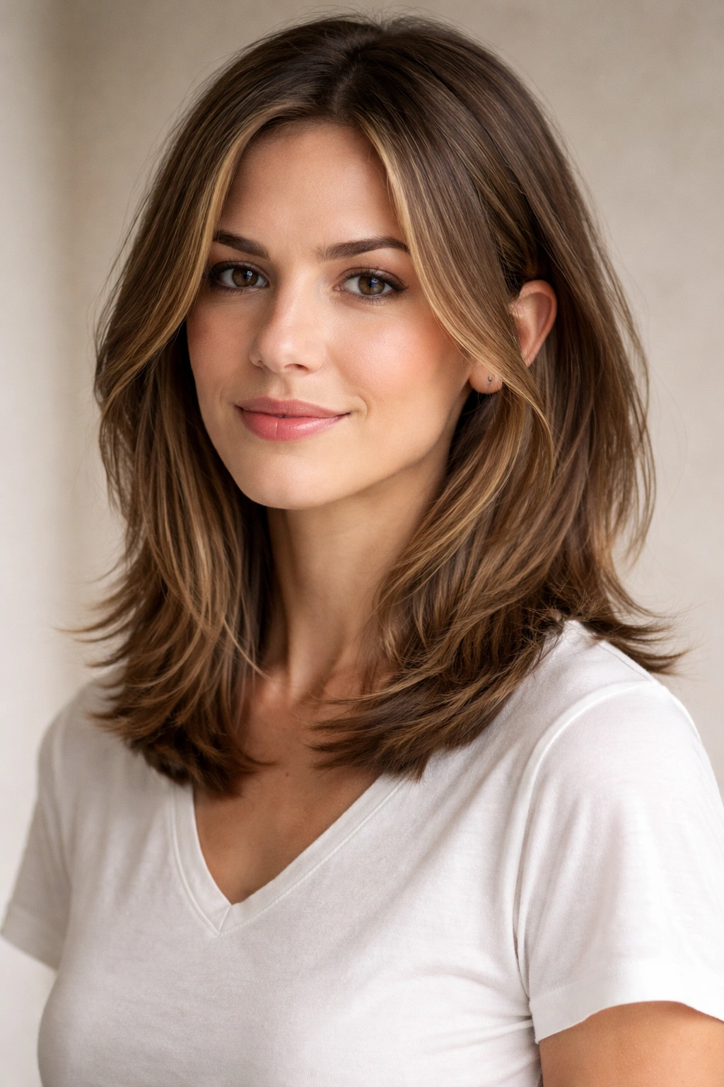 Shoulder-length layered hairstyle with visible movement and layers