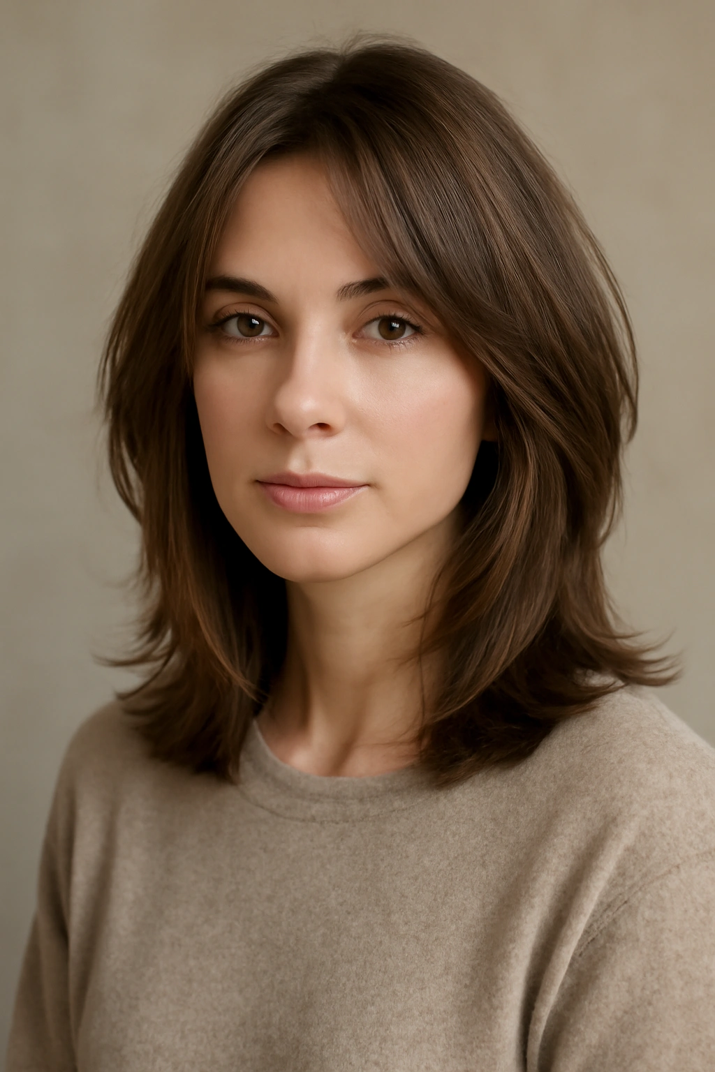 Close-up of a shoulder-length layered hairstyle with top layers blending into longer pieces at the collarbone