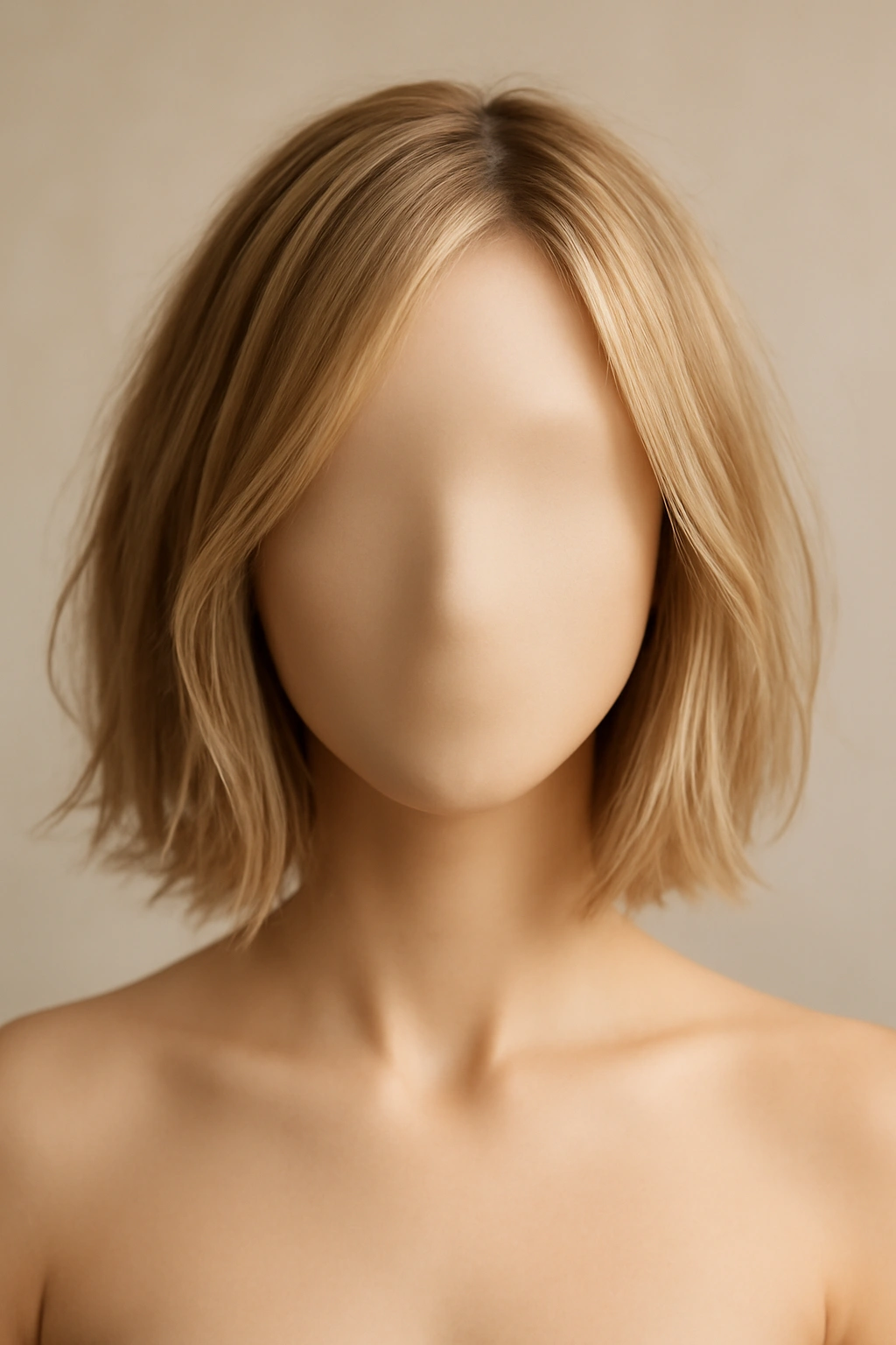 Close-up of a shoulder-length blunt lob with soft layers on a neutral studio backdrop