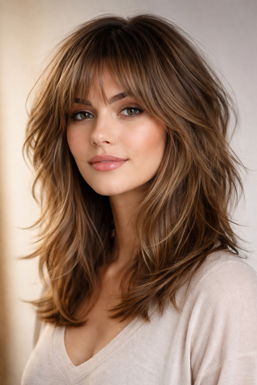 Shoulder-length shag hairstyle with choppy layers and volume