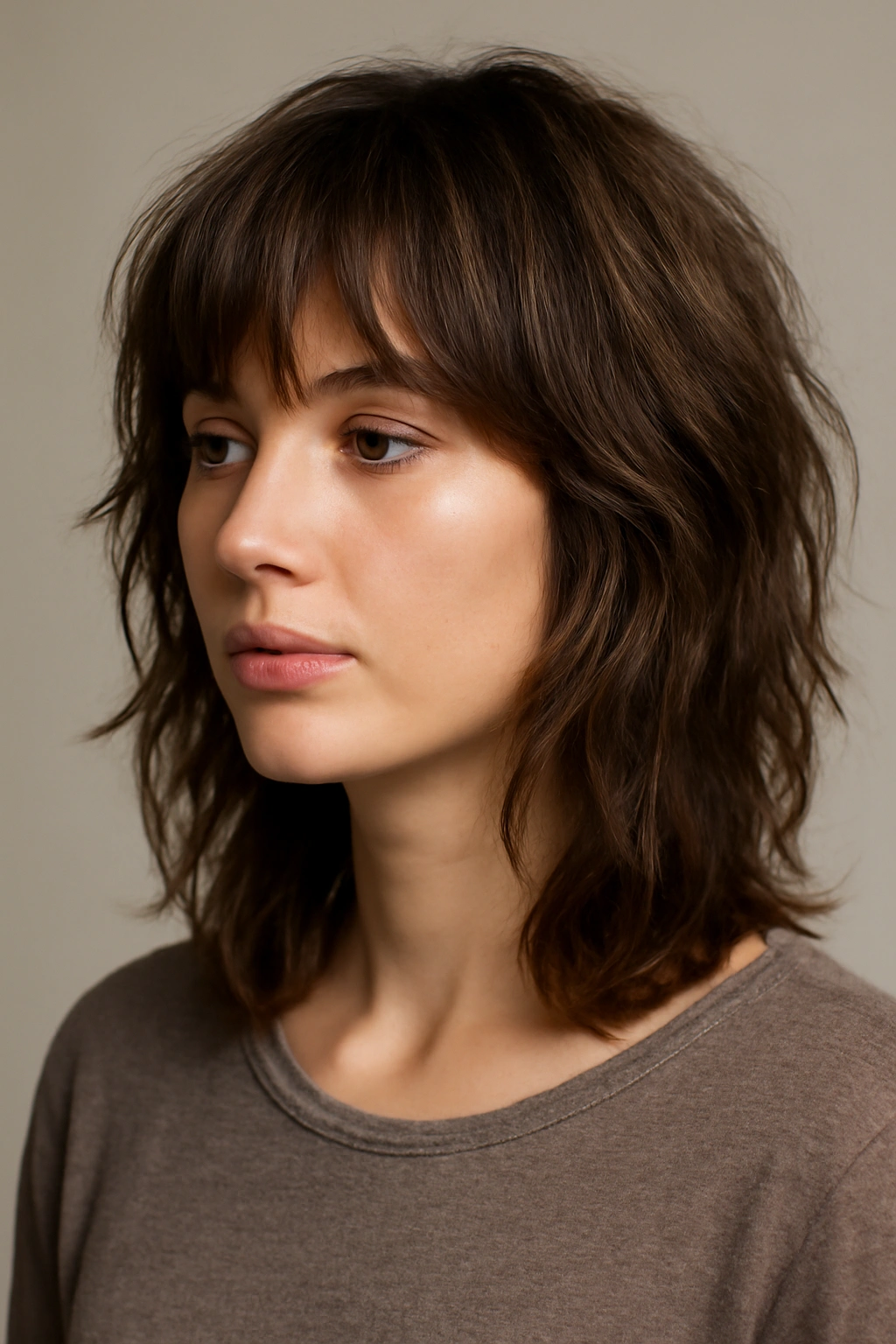 Close-up of a model with shoulder-length shag hair showing face-framing layers and textured movement