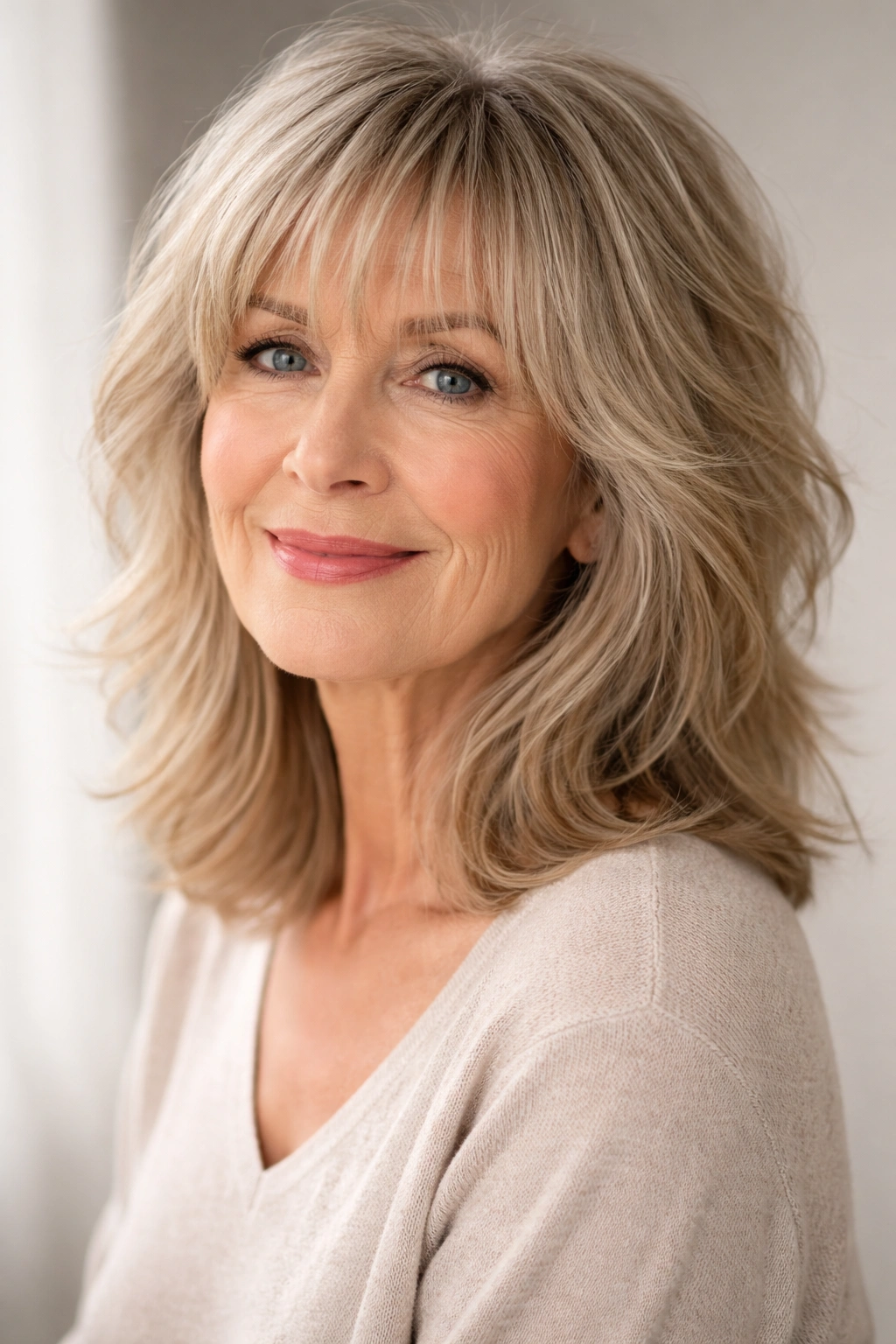 Side portrait of a woman with shoulder-length shag and wispy bangs, showing layered movement.