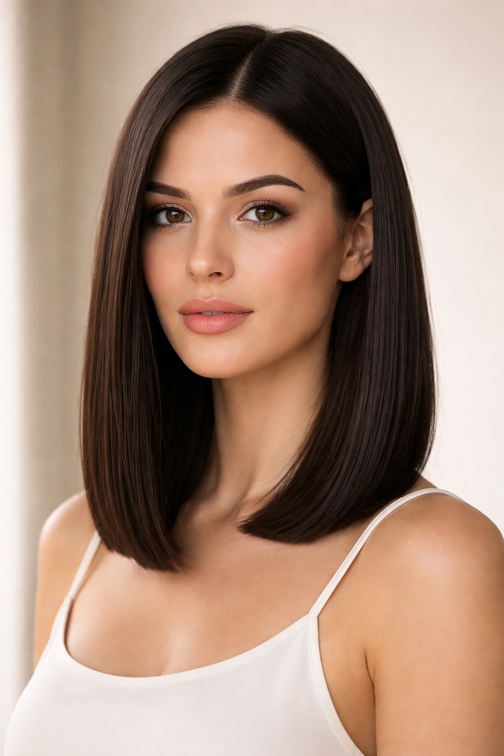 Portrait showing a sleek shoulder-length straight cut with a flawless straight hem