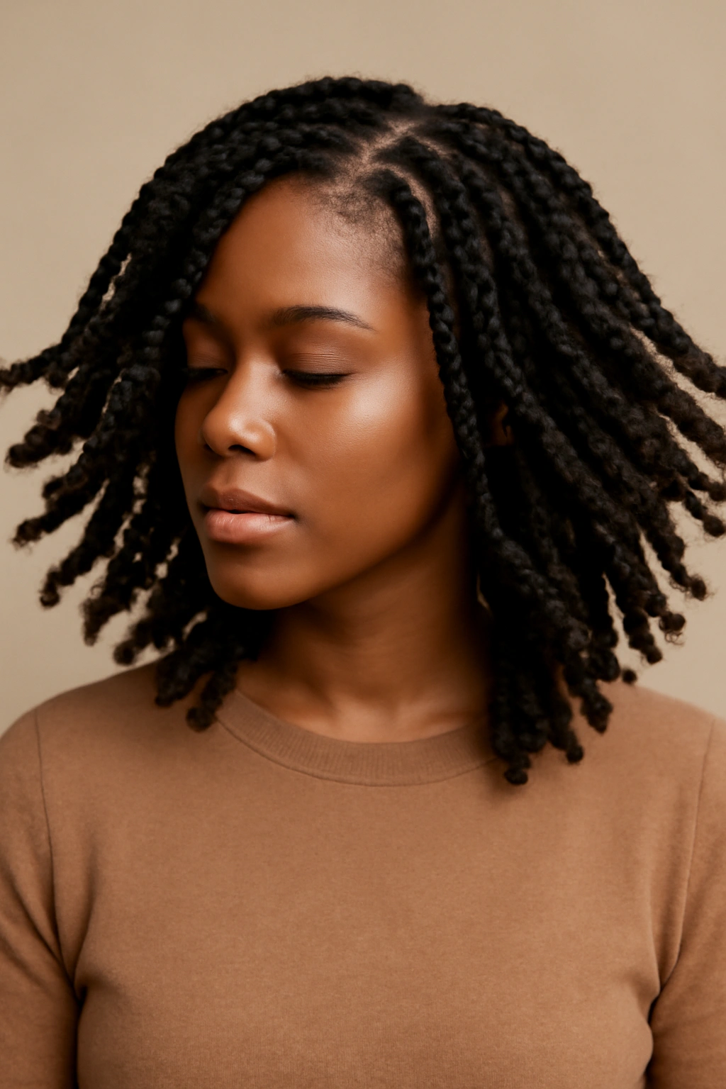 Shoulder-length passion twists with bouncy movement framing face