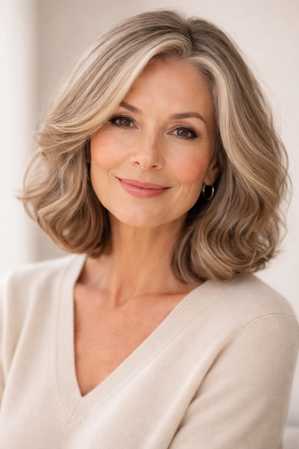Mature woman with shoulder-length wavy bob framing an oval face; soft waves.