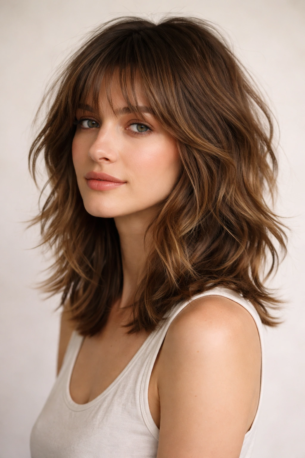 Shoulder-length shag hairstyle with layered texture