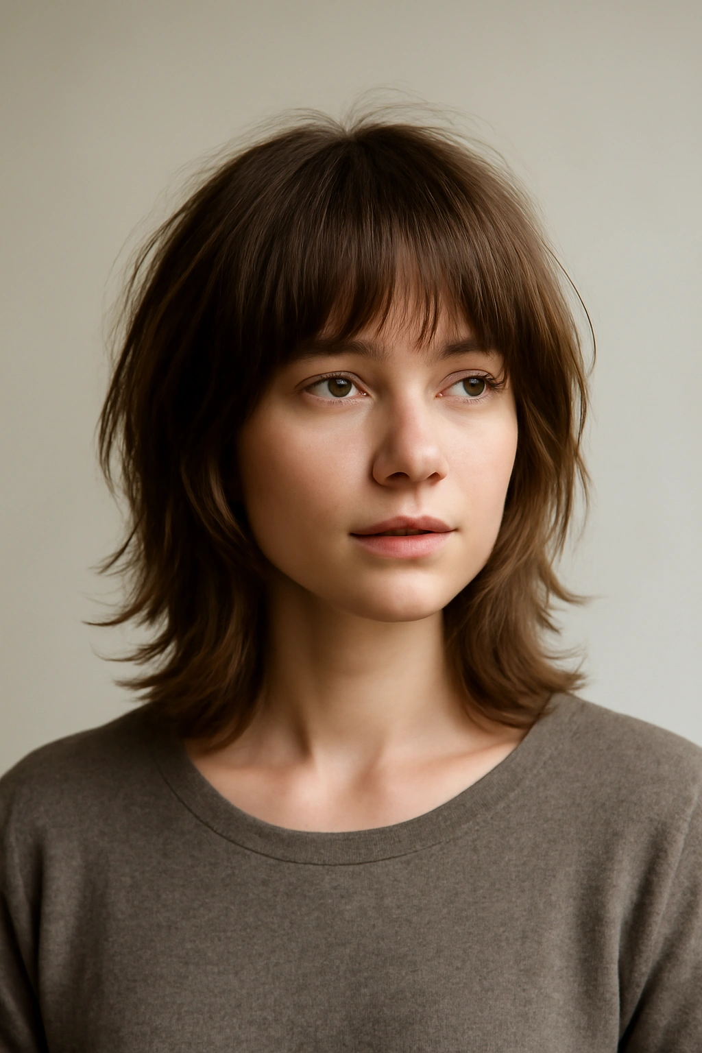 Shoulder-skimming shag with soft bangs blending into crown layers