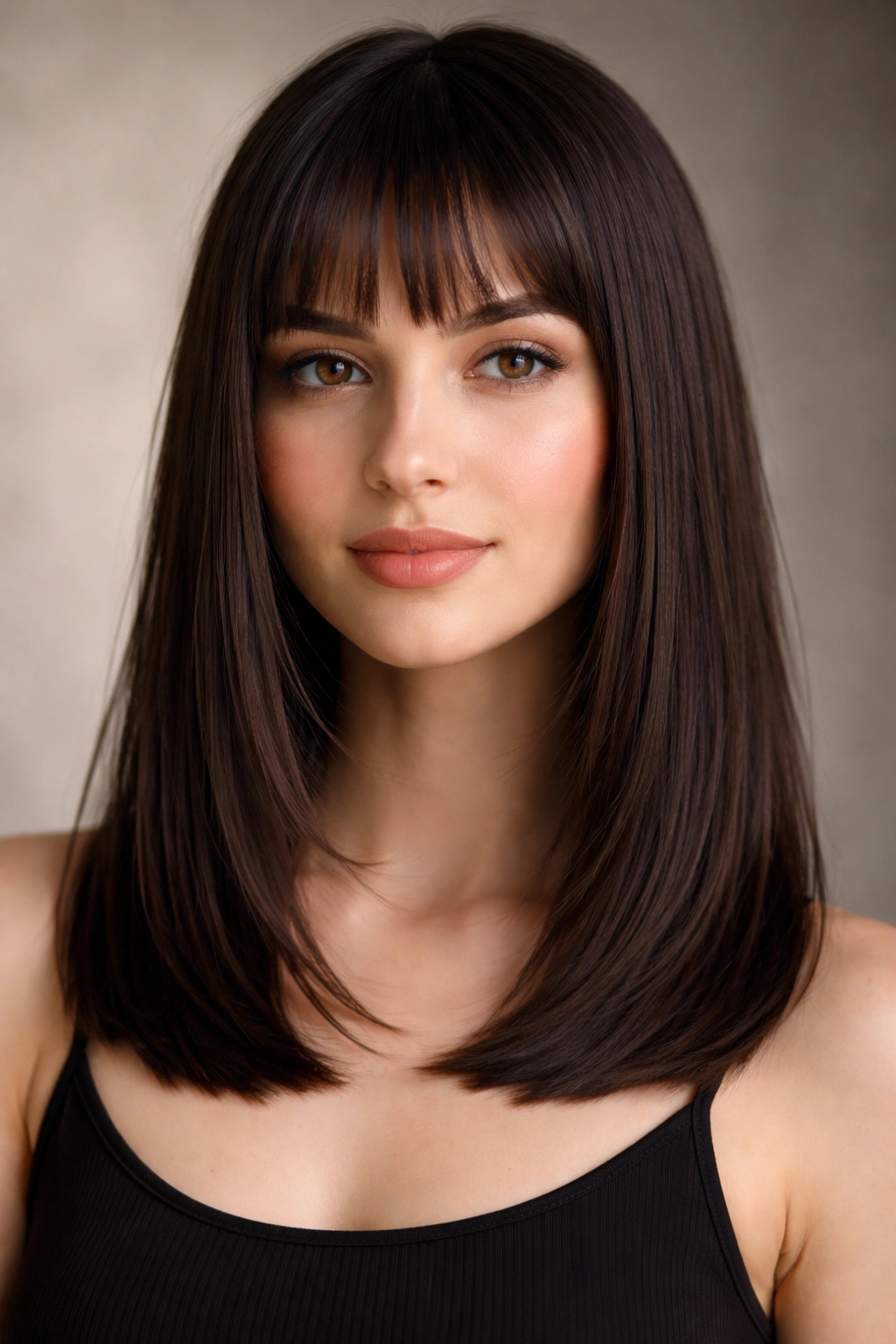 Head-and-shoulders portrait of shoulder-length straight hair with micro bangs.