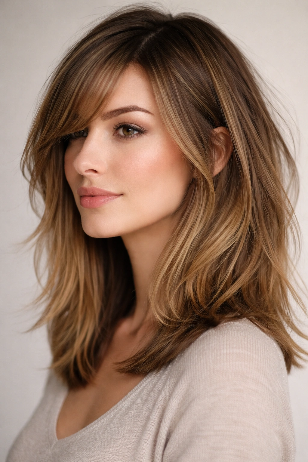Profile of a person with side-swept bangs and razored textured lob