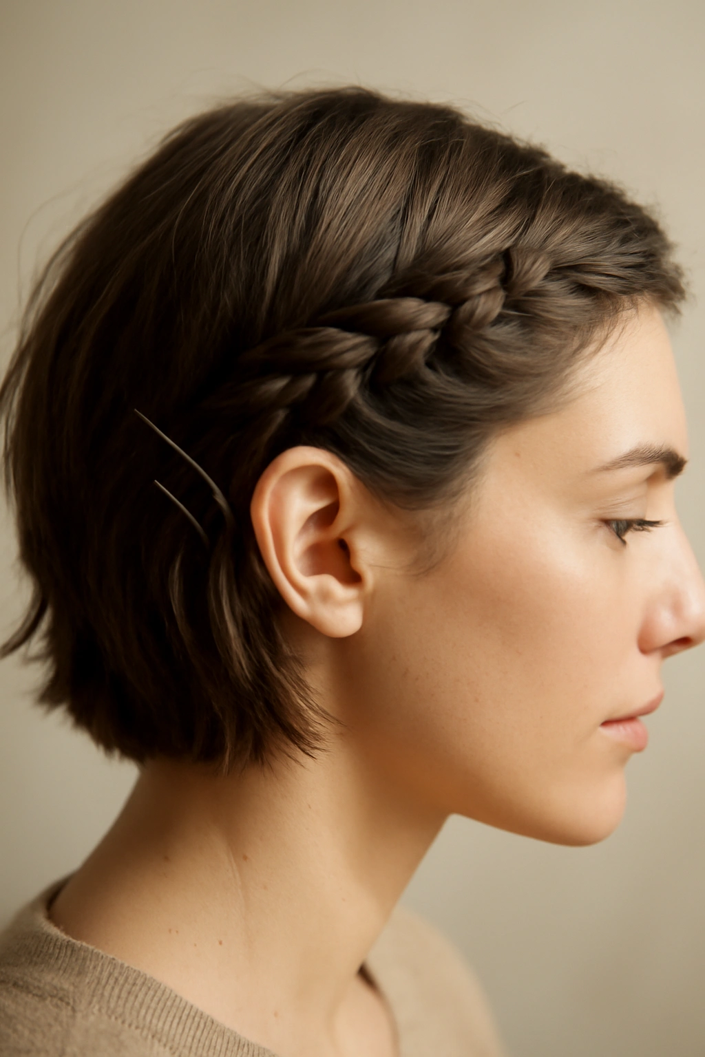 Close-up of side braid anchored behind the ear on short hair