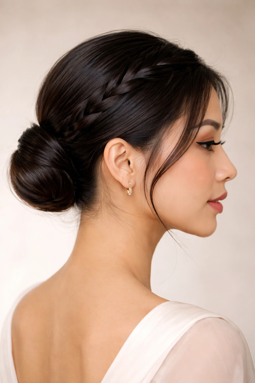 Profile view of a sleek side braid that transitions into a low bun at the nape with glossy hair