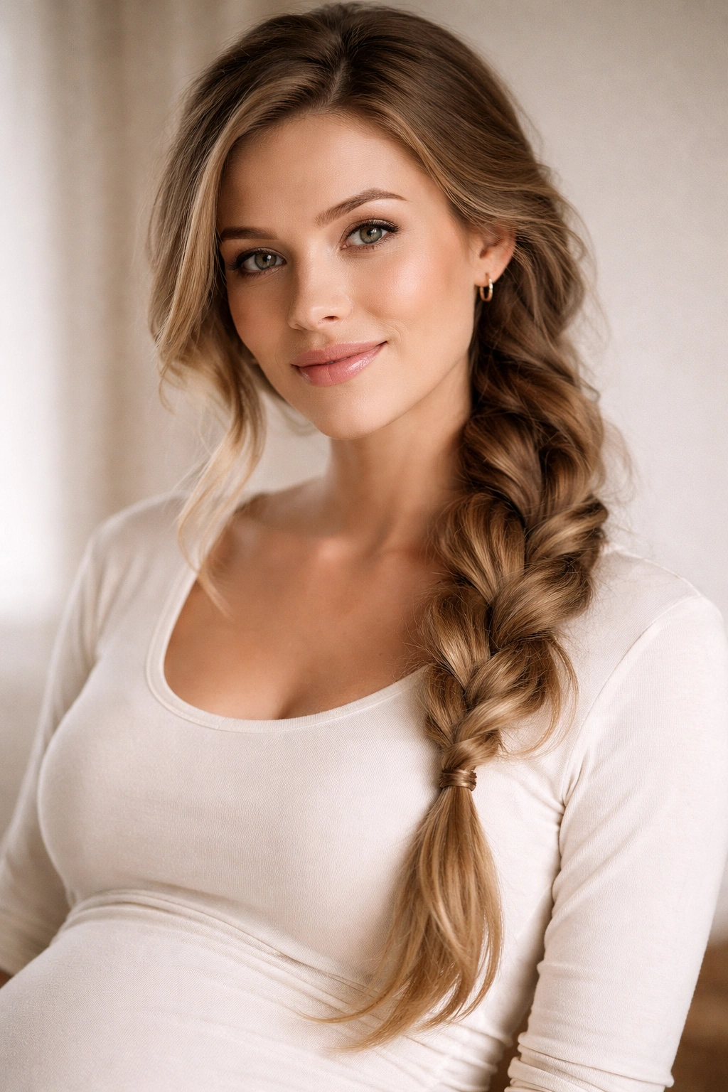Close-up of a pregnant woman wearing a loose side braid in soft studio lighting