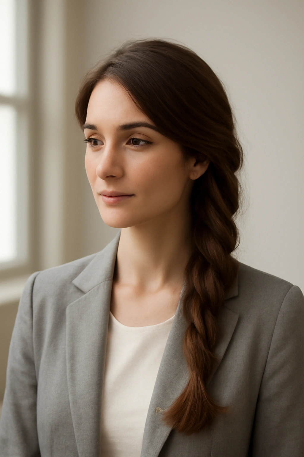 Close-up of a side braid with loose waves in a professional hairstyle.