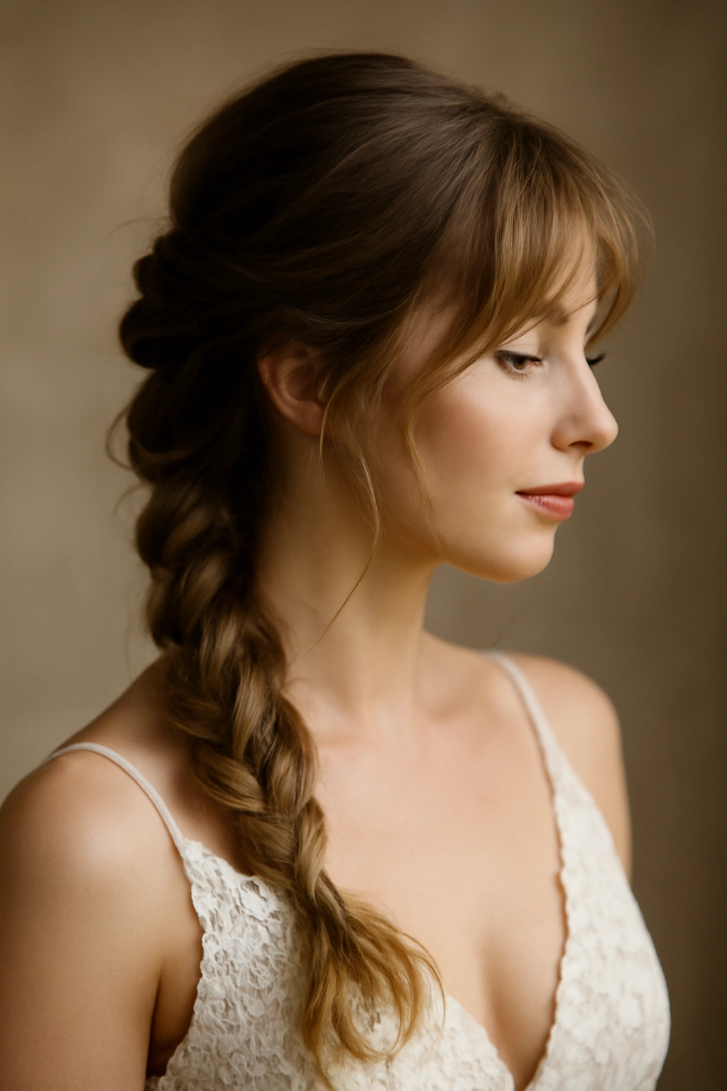 Bride with romantic side braid and wispy bangs