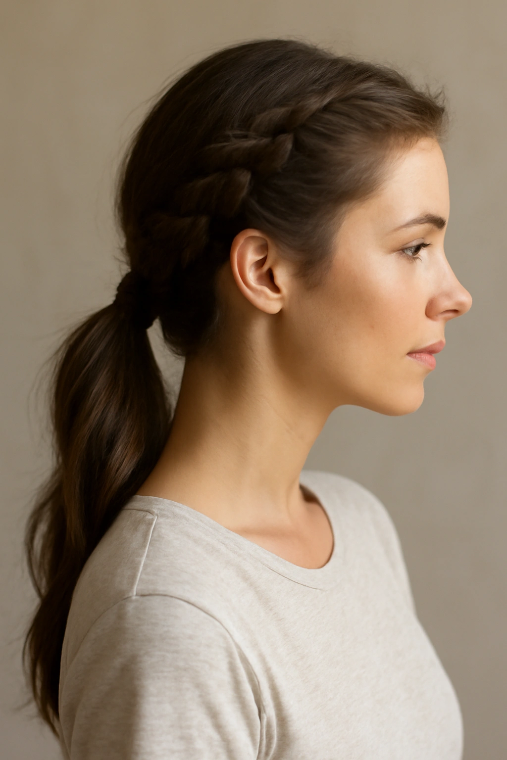 Low ponytail with a side French braid feeding into the ponytail