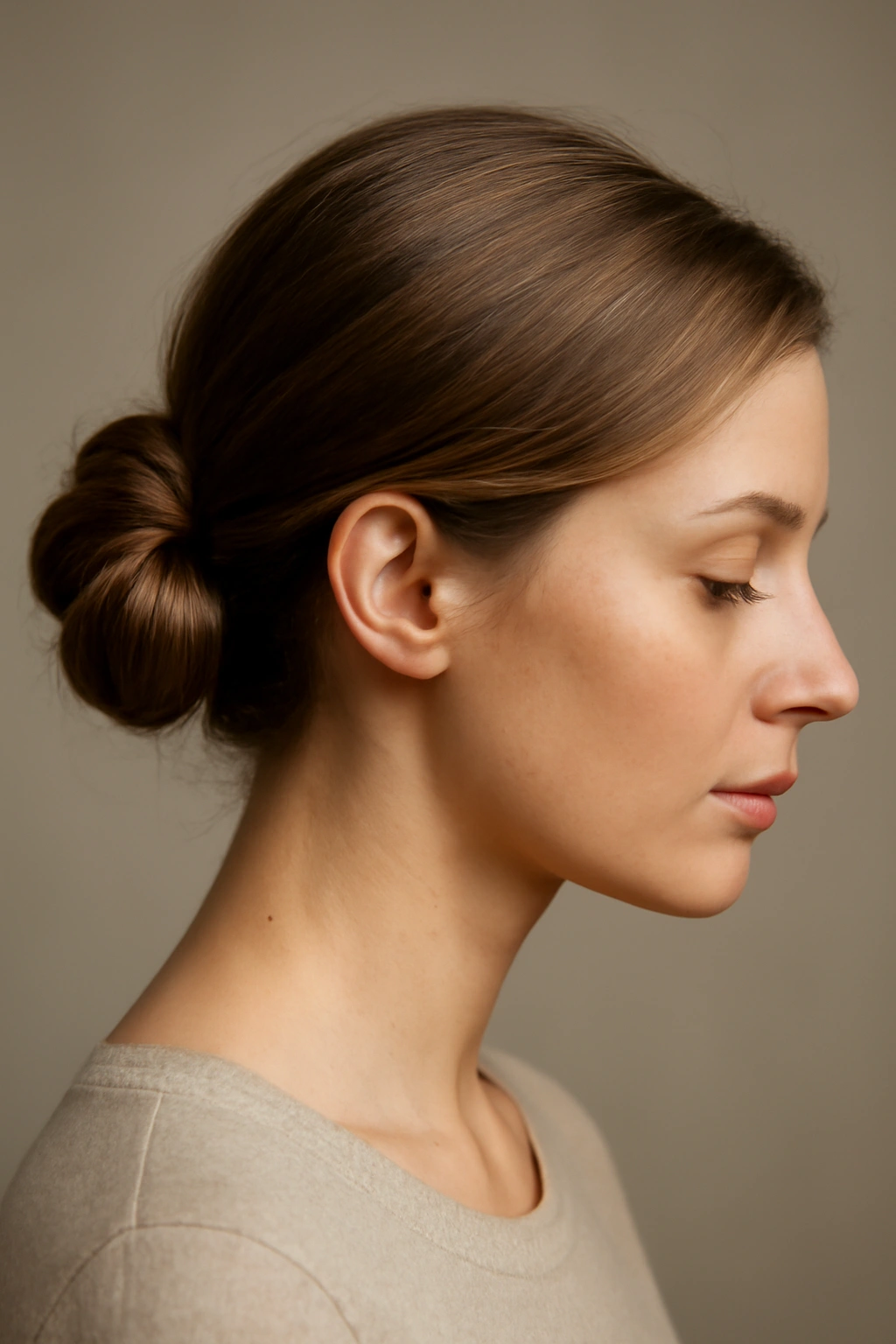 Side bun at the ear creating asymmetrical silhouette