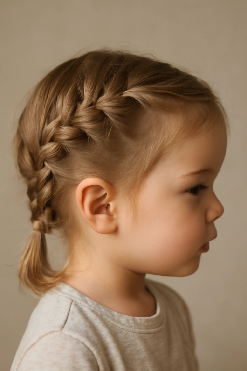 Profile view of toddler with side Dutch braid wrapping around head