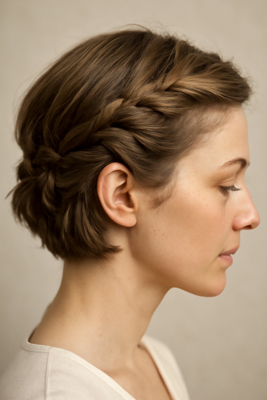 Side knot hairstyle with twisted crown sections.
