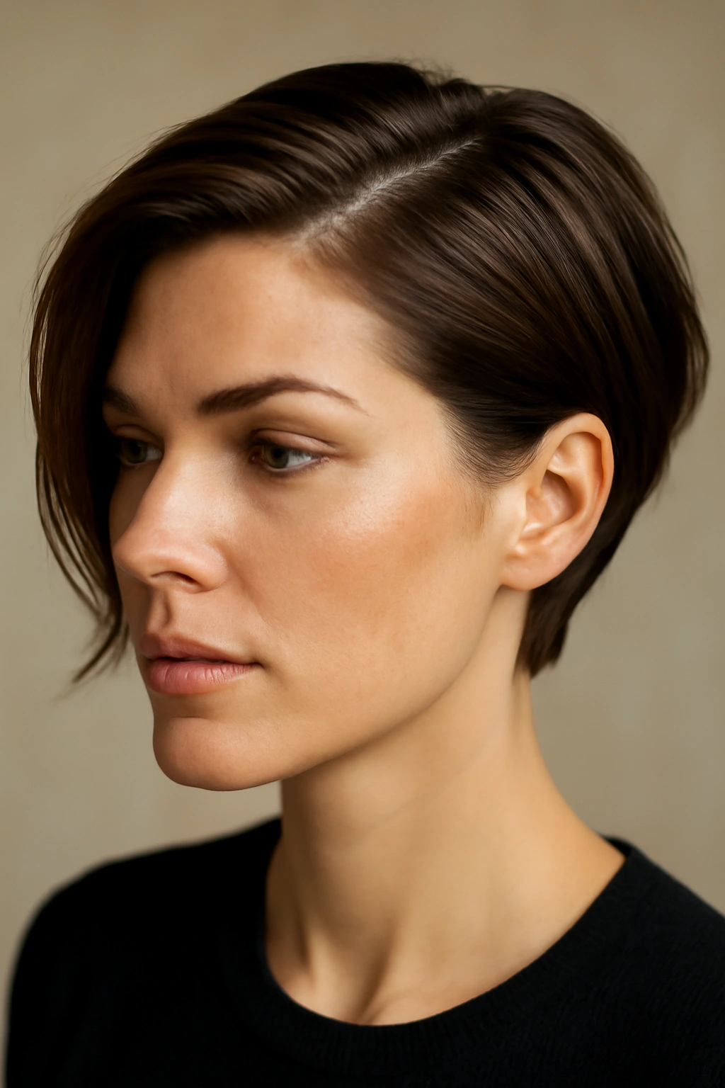 Deep side part with asymmetrical tuck on short hair in a neutral studio