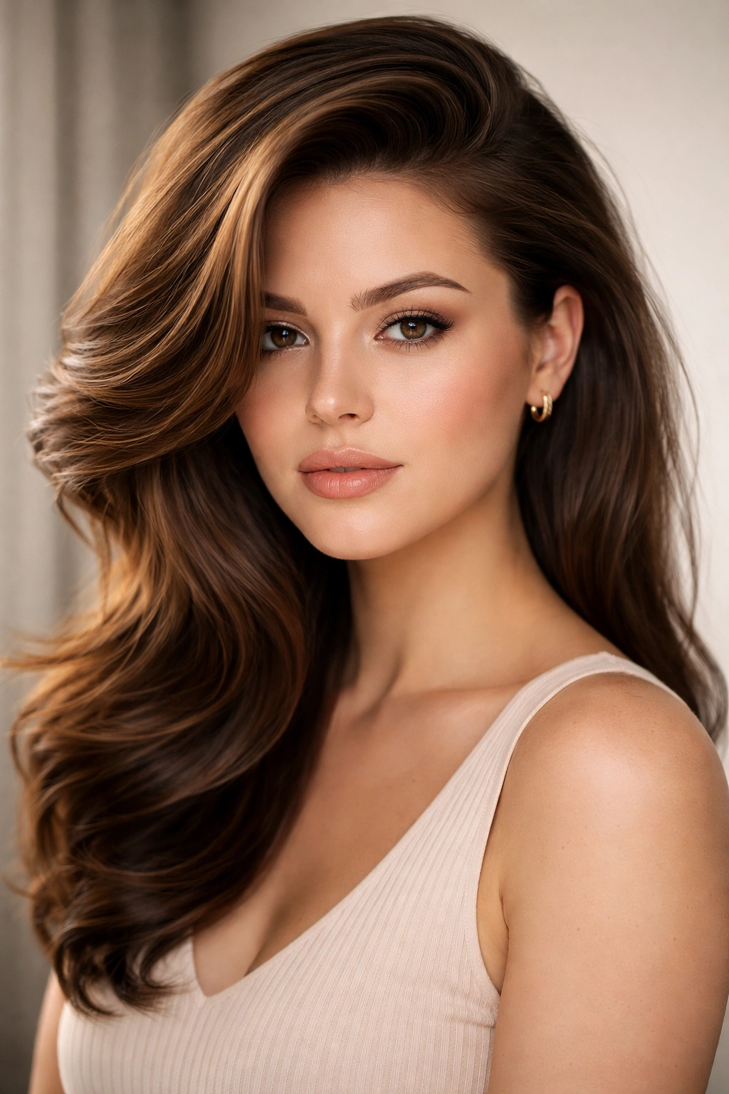 Portrait of a model with deep side part and dramatic blowout, showing sleek volume.