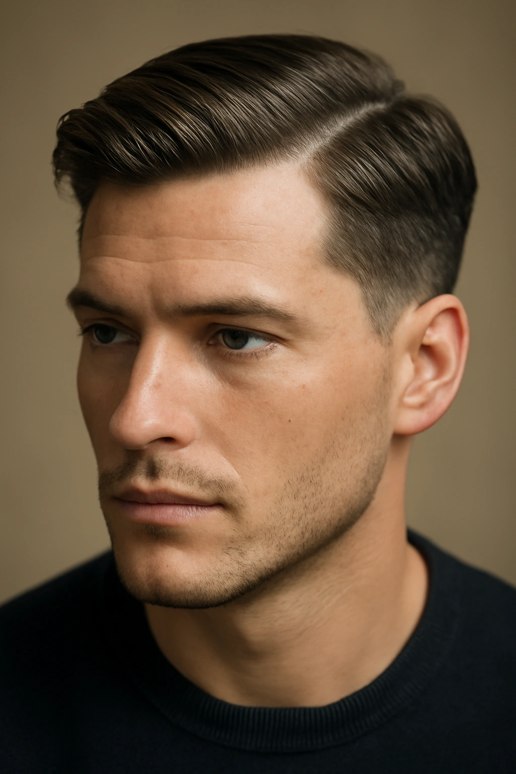 Close-up of a man with a classic side-part hairstyle, defined part and longer top swept to the side