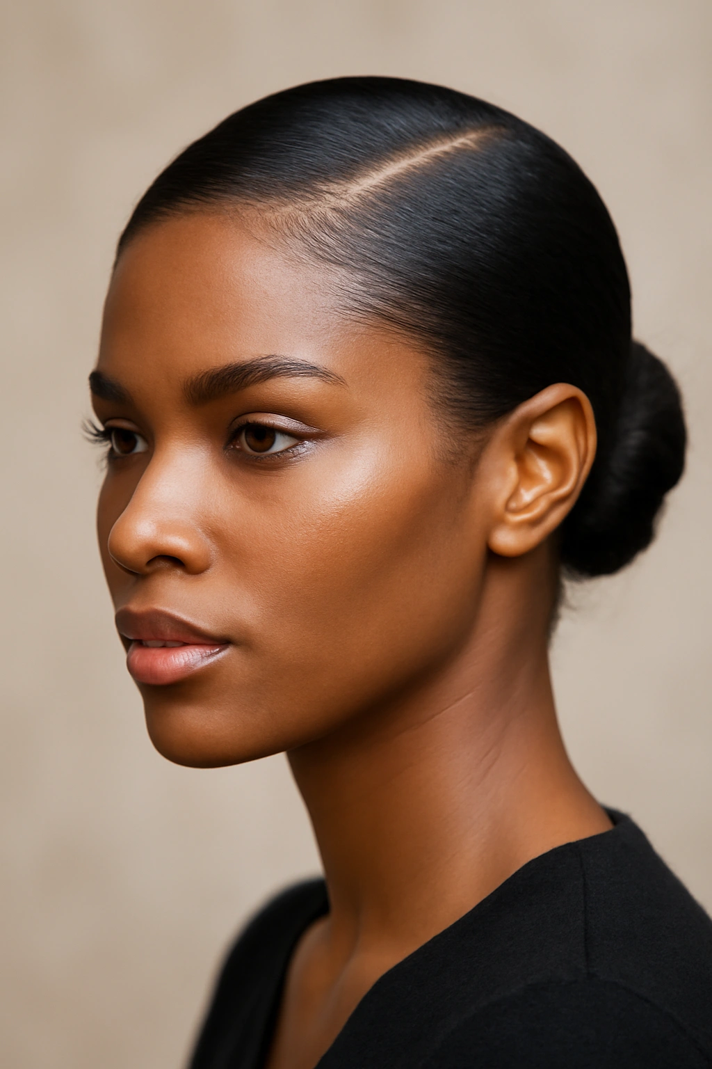 Close-up portrait of a Black woman with a deep side part and pull-back hairstyle.