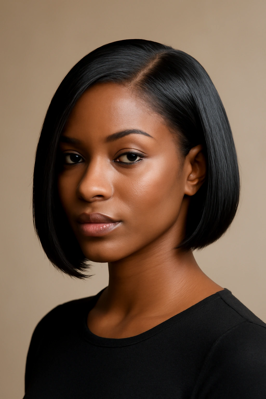 Portrait of a Black woman with a side-part sleek bob and deep side part.