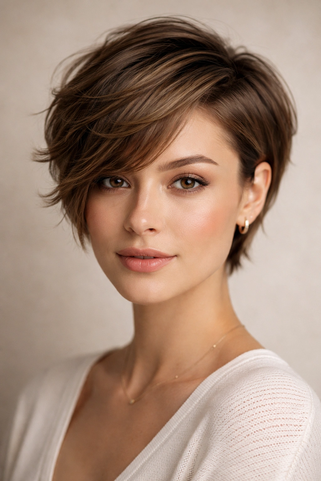 Model with deep side-parted short textured cut, emphasizing off-center frame on an oval face.