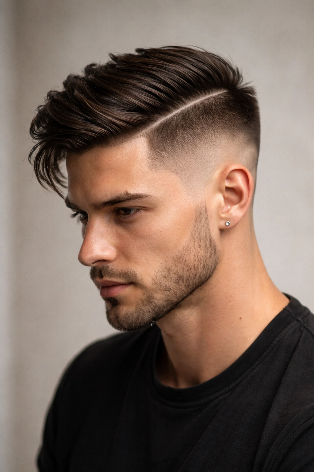 Head-and-shoulders view highlighting a clean side part and undercut