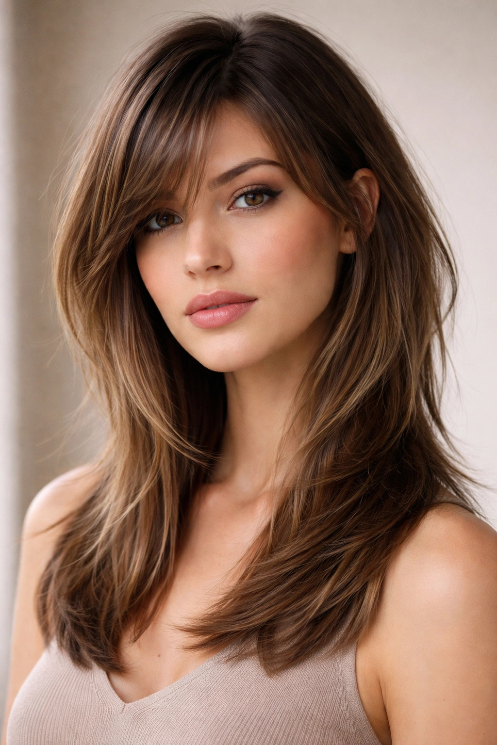 Portrait of side-parted bangs with asymmetrical layers