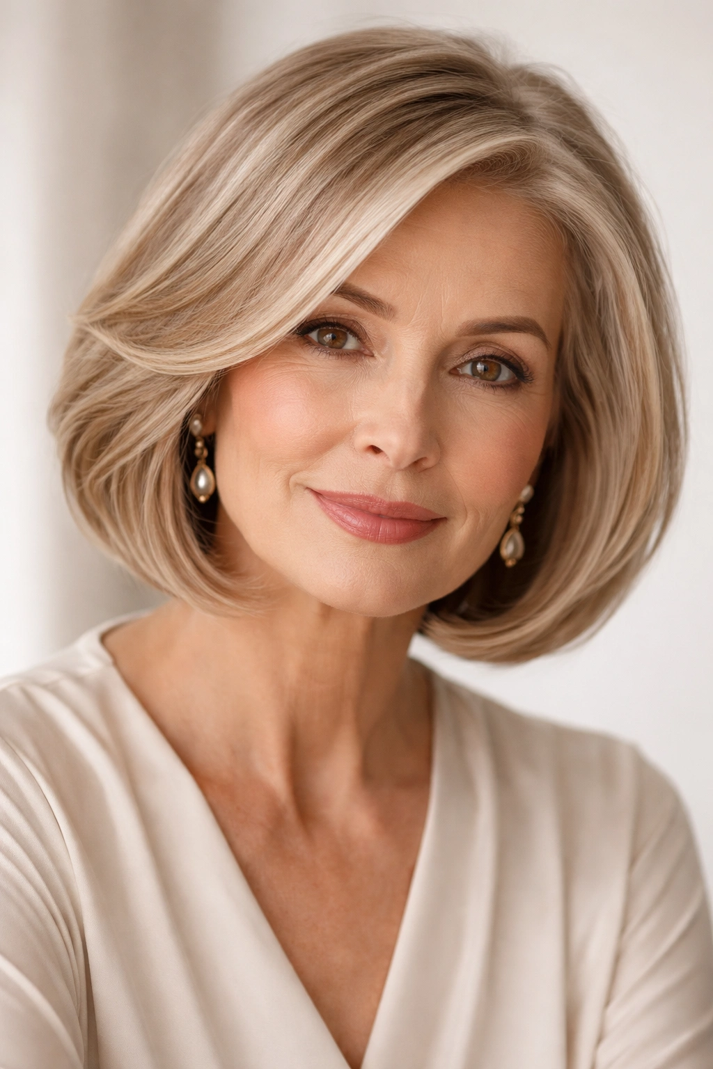 Close-up of a sophisticated side-parted bob on an oval-face silhouette with a deep part.