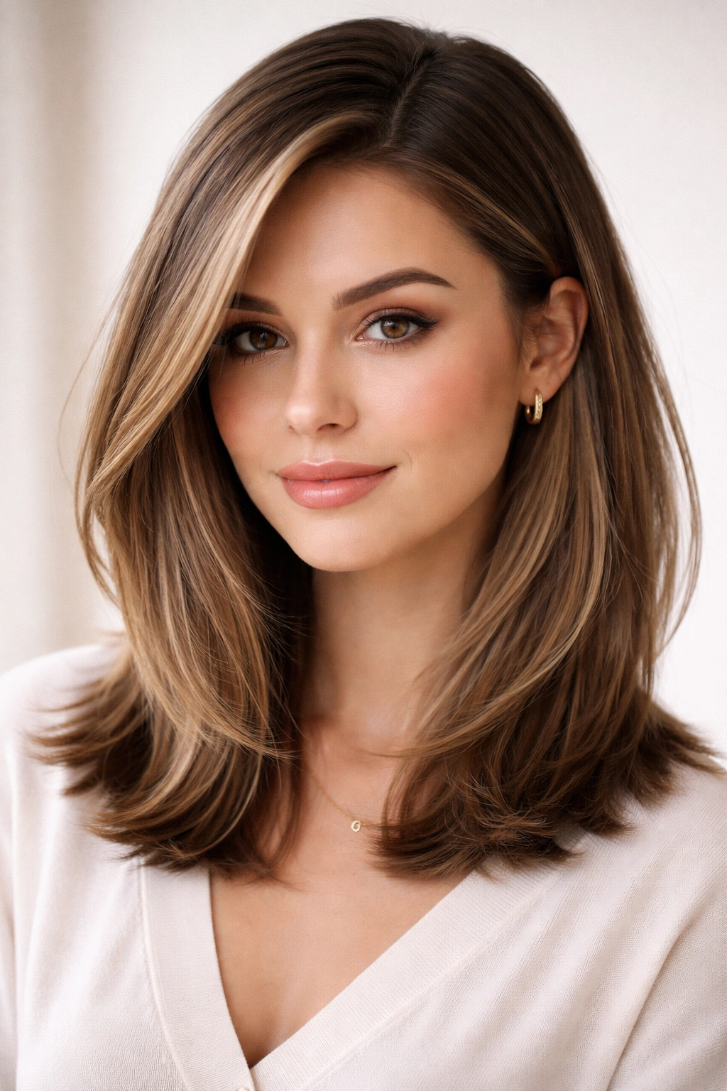 Side-parted lob with inward-angled face-framing layers