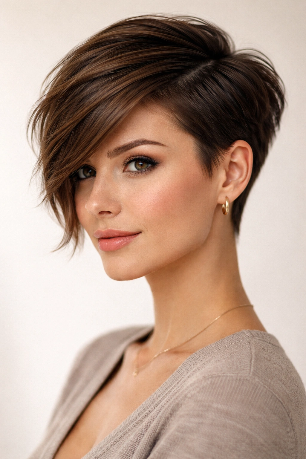 Side-parted asymmetrical pixie with deep part and textured back