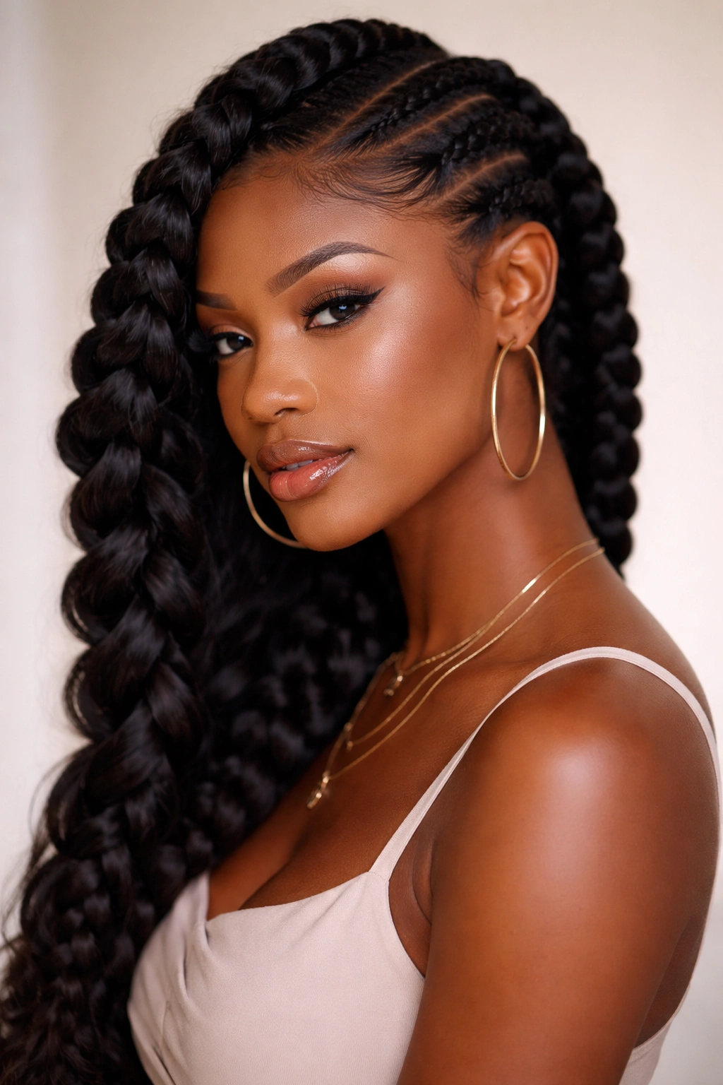 Portrait of a woman with two sculptural side-parted braids and dramatic volume