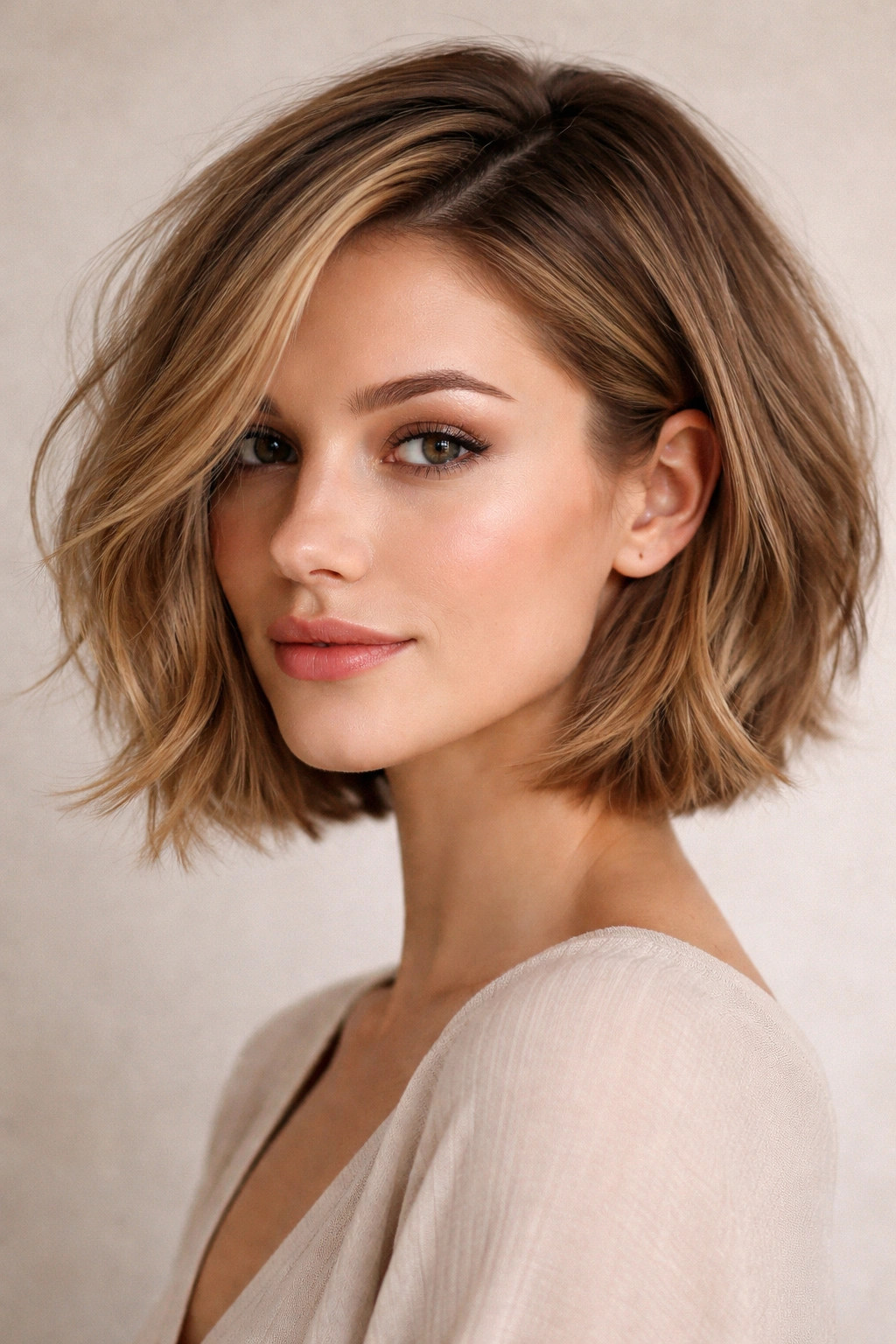 Side-Parted Textured Bob close-up showing deep side part and jawline-length layering