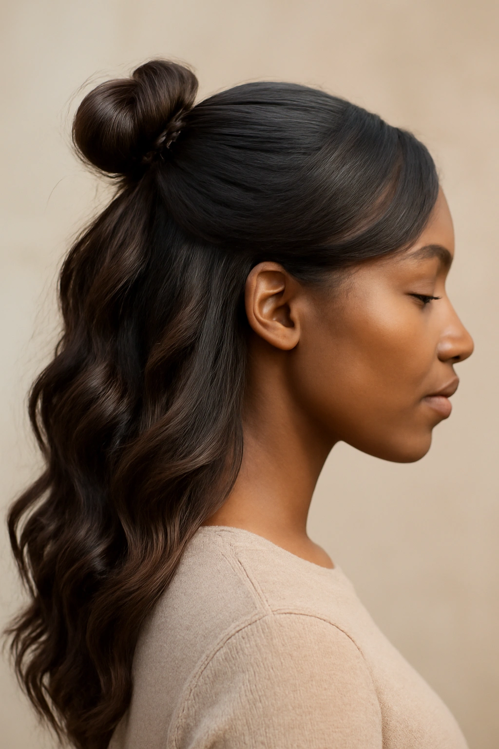 Side view of a pineapple knot with loose waves on the opposite side