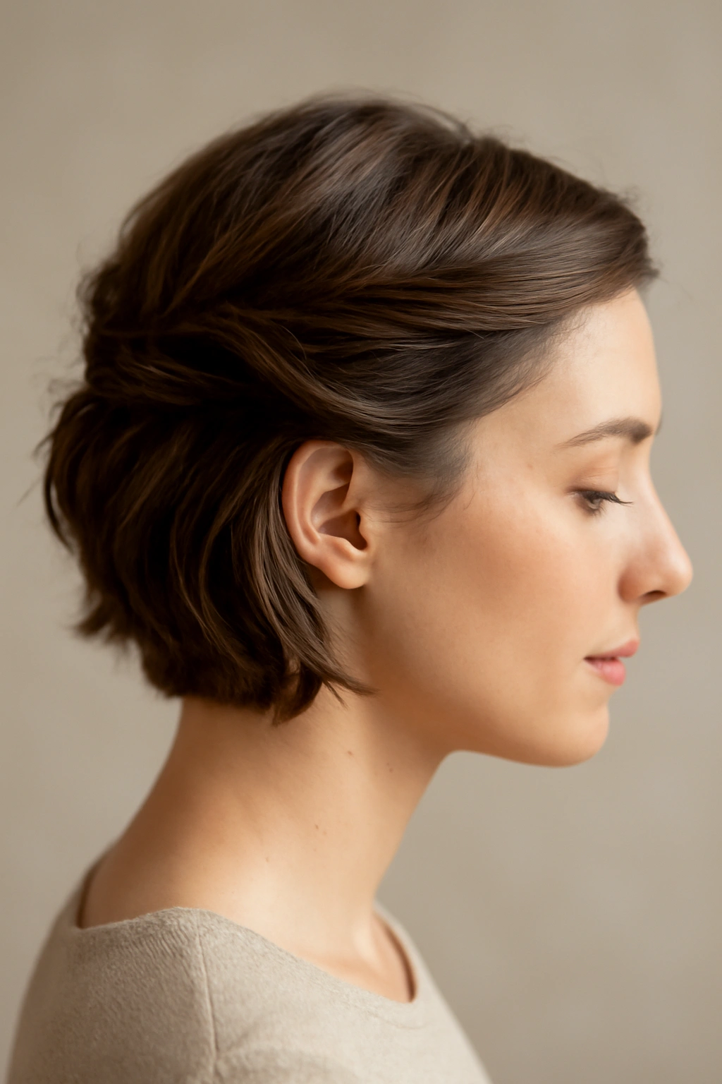 Asymmetrical side-pinned twist on short hair