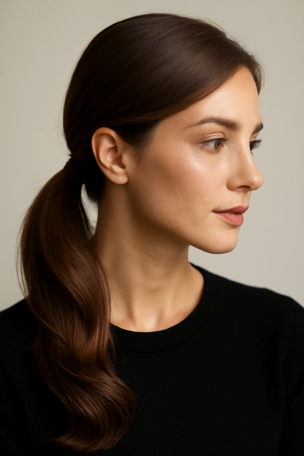 Side ponytail positioned at one side of the head with a smooth finish