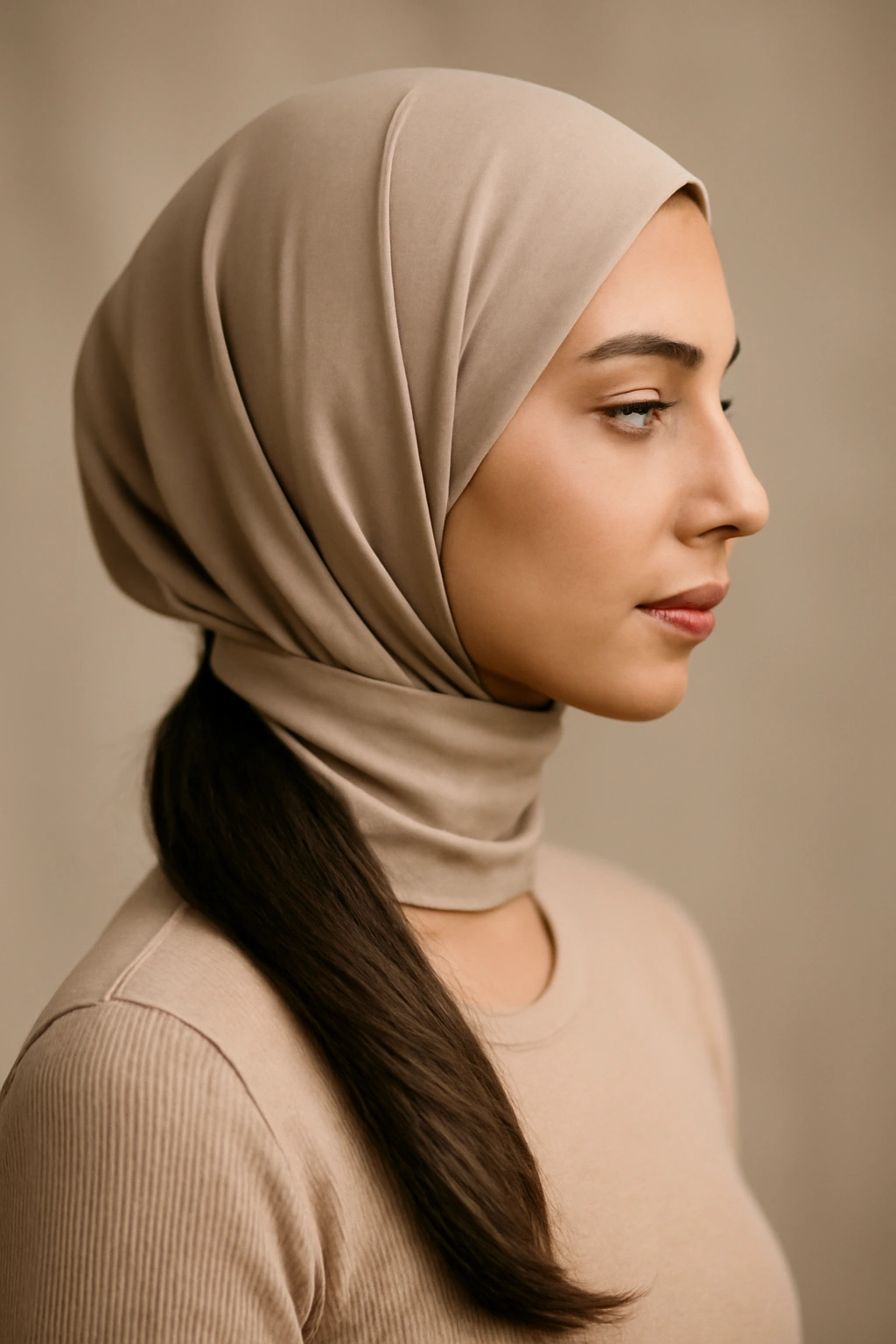 Sleek side ponytail under hijab with smooth silhouette