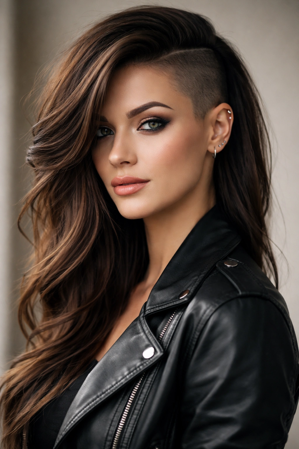 Portrait of side-shave asymmetrical hairstyle with shaved side and long swept-over opposite side