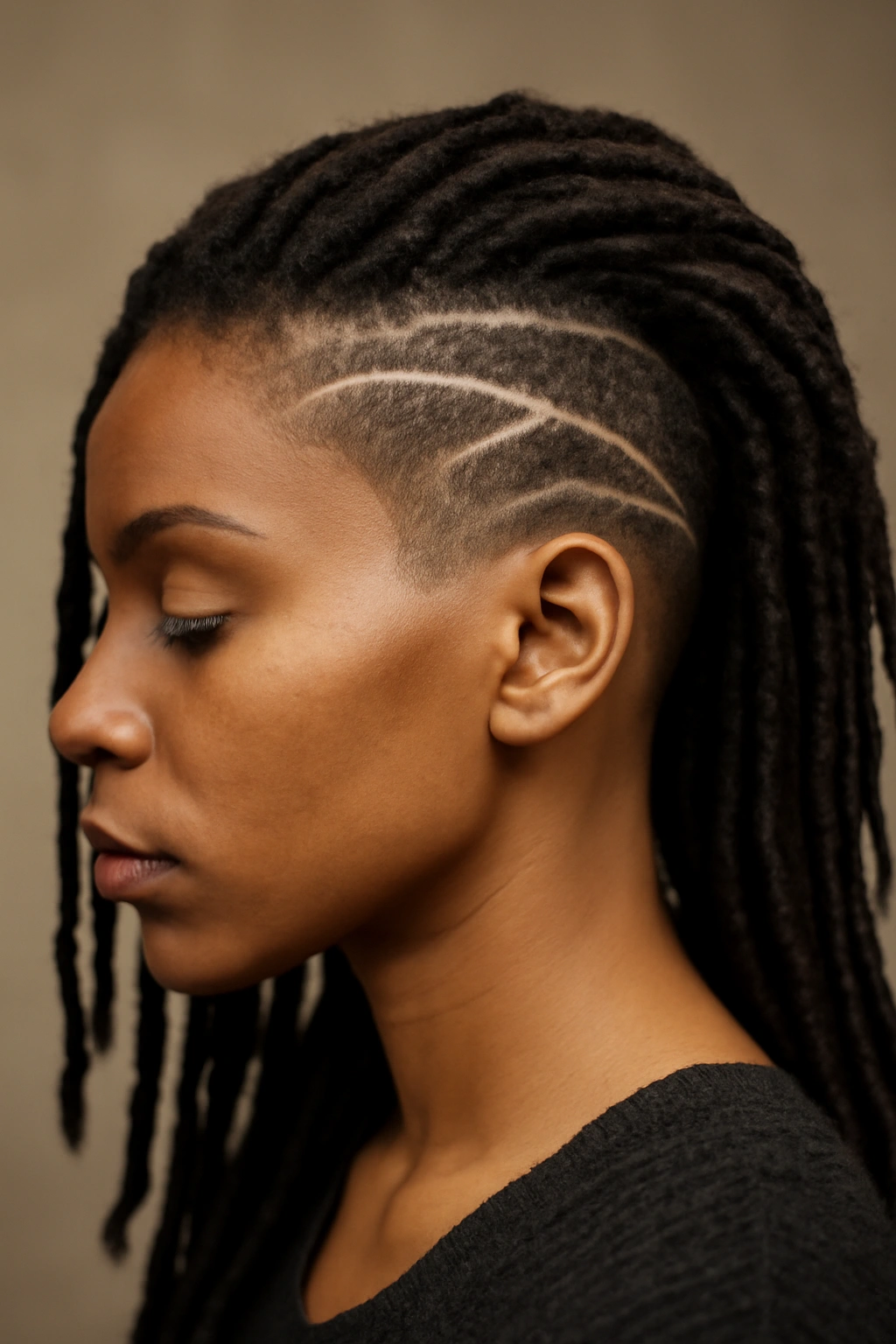 Faux locs with side shave undercut design on the scalp