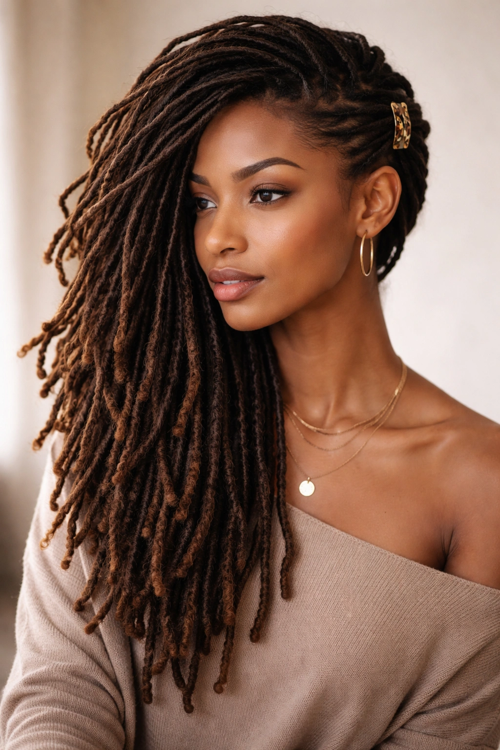 Dreadlocks swept to one side with clip creating an asymmetrical look