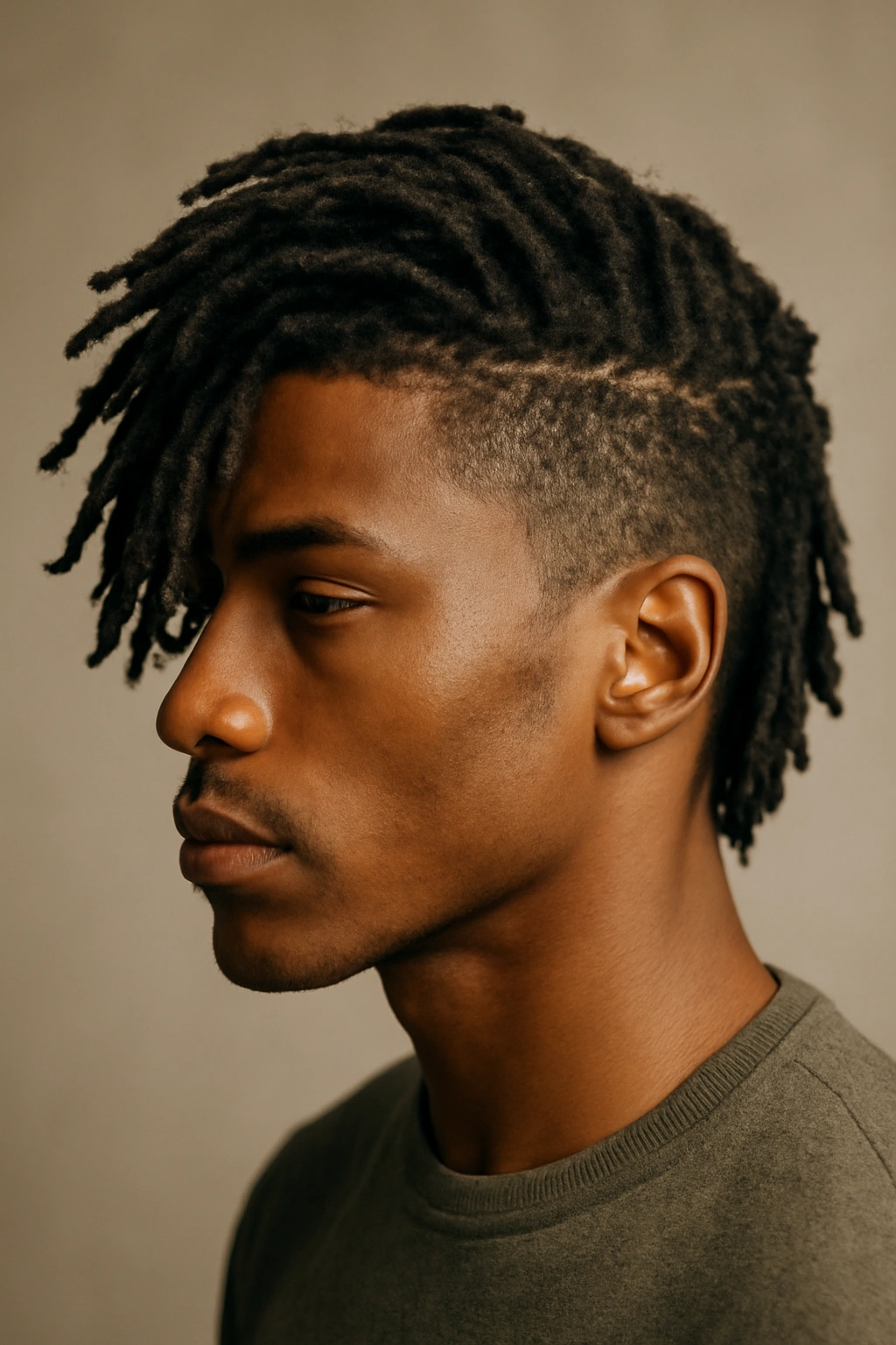 Close-up side profile of short dreadlocks swept to the side in an editorial look.